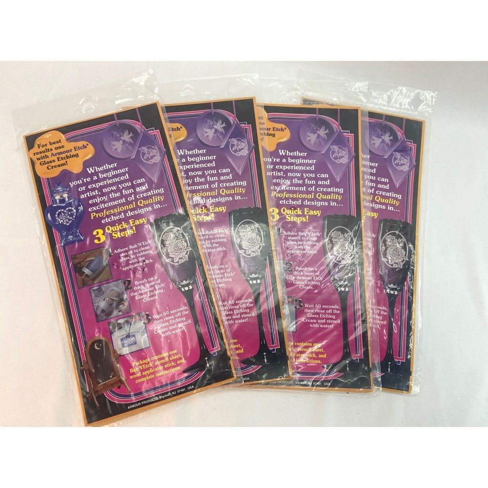 Lot 4 Armour Rub'n'Etch Glass Etching Stencils Rose Butterflies Lighthouse Dates